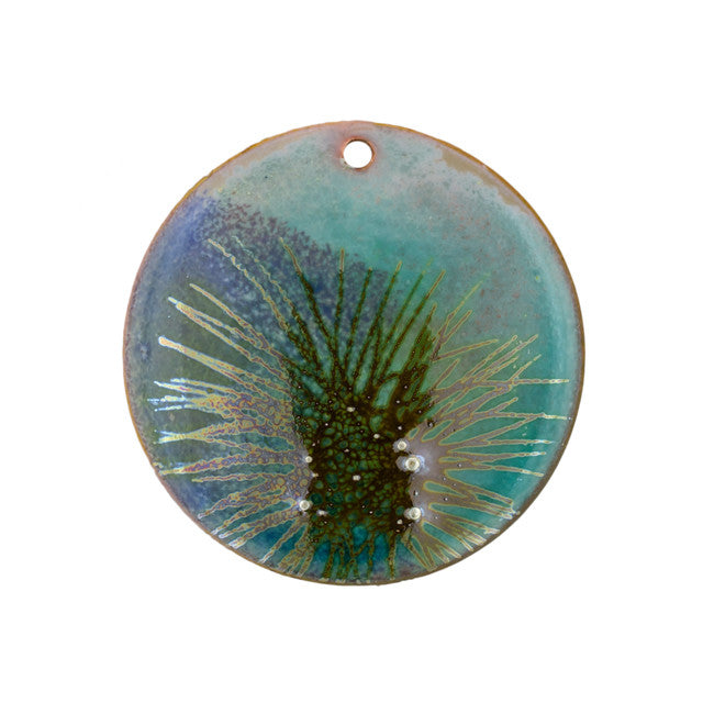 Pendant, Round with Abstract Pattern 35mm, Enameled Brass Teal Green, by Gardanne Beads (1 Piece)