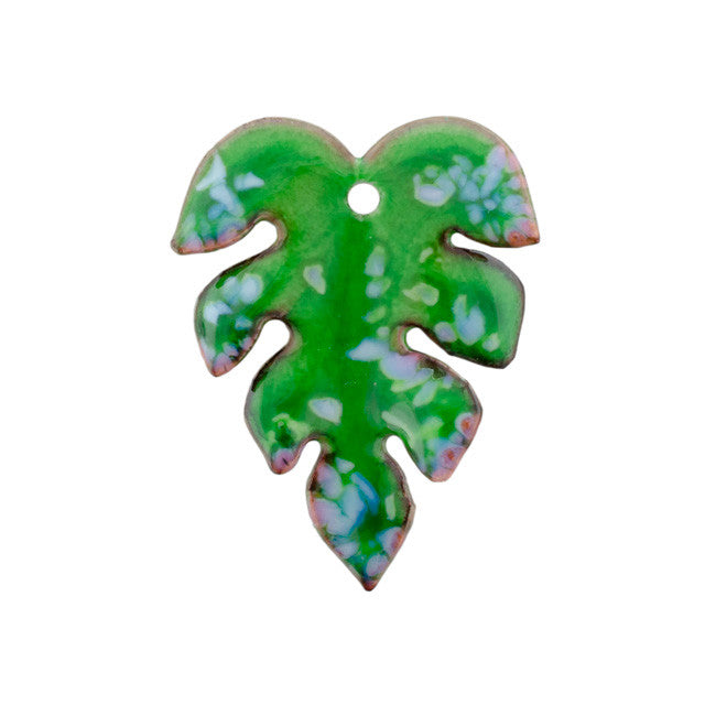 Pendant, Monstera Leaf 28.5x22mm, Enameled Brass Emerald Green with Light Blue Accents, by Gardanne Beads (1 Piece)