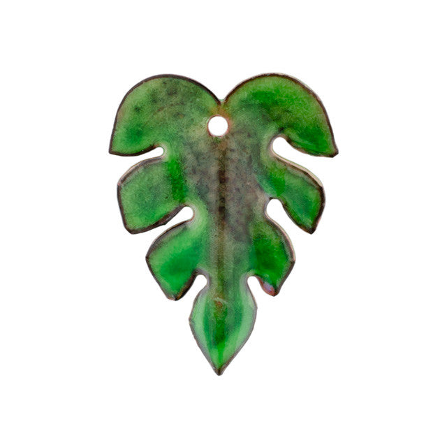 Pendant, Monstera Leaf 28.5x22mm, Enameled Brass Emerald Green with Light Blue Accents, by Gardanne Beads (1 Piece)