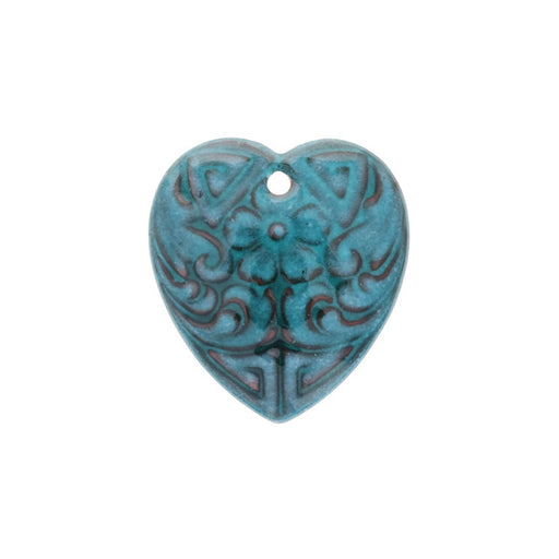 Pendant, Heart with Flower Design 24x22mm, Enameled Brass Teal Blue, by Gardanne Beads (1 Piece)
