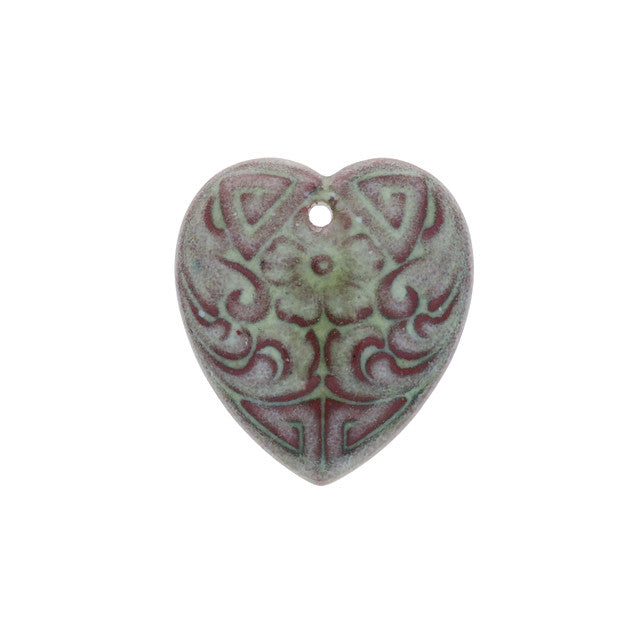 Pendant, Heart with Flower Design 24x22mm, Enameled Brass Olive Green, by Gardanne Beads (1 Piece)