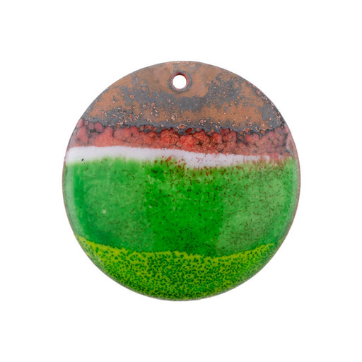 Pendant, Round with Horizon Pattern 30mm, Enameled Brass Bitter Green, by Gardanne Beads (1 Piece)