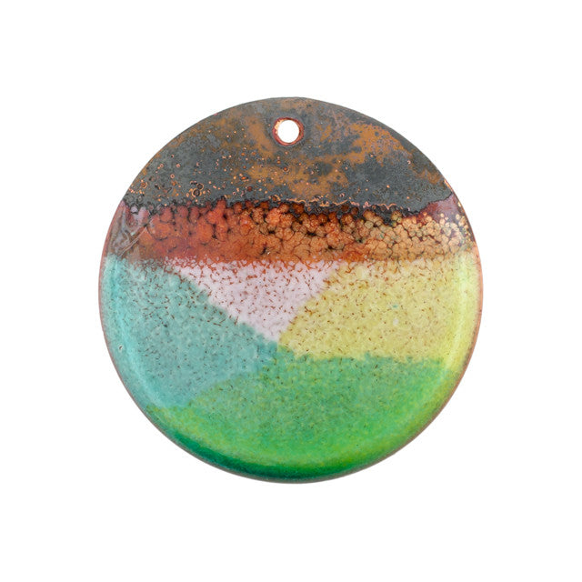 Pendant, Round with Horizon Pattern 30mm, Enameled Brass Lime/Peppermint Green, by Gardanne Beads (1 Piece)