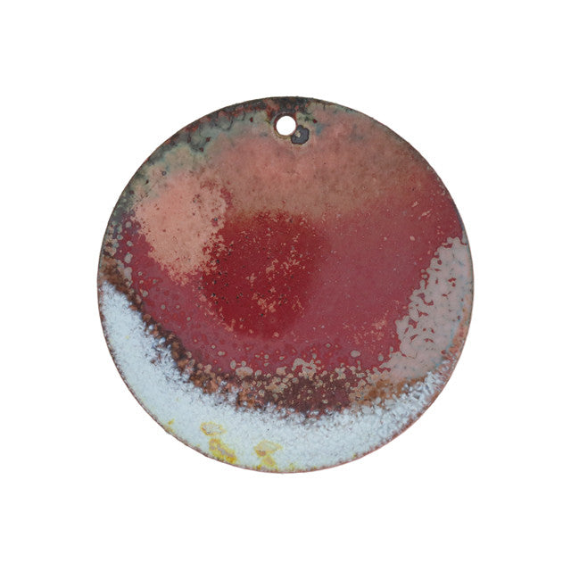 Pendant, Round with Horizon Pattern 30mm, Enameled Brass Copper with Yellow/Grey/Blue, by Gardanne Beads (1 Piece)
