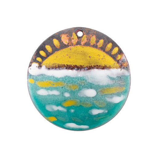 Pendant, Round Disc with Sunrise Pattern 33mm, Enameled Brass Teal Blue and Yellow, by Gardanne Beads (1 Piece)