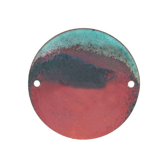 Link, Round with Horizon 35mm, Enameled Brass Teal Green/Raspberry Red, by Gardanne Beads (1 Piece)