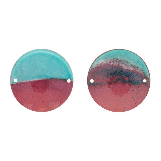 Link, Round with Horizon 35mm, Enameled Brass Teal Green/Raspberry Red, by Gardanne Beads (1 Piece)