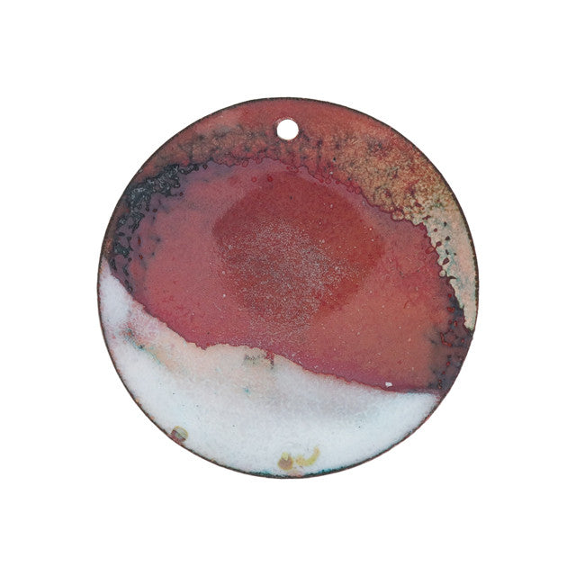 Pendant, Round with Horizon Pattern 30mm, Enameled Brass Copper with Raspberry Pink, by Gardanne Beads (1 Piece)
