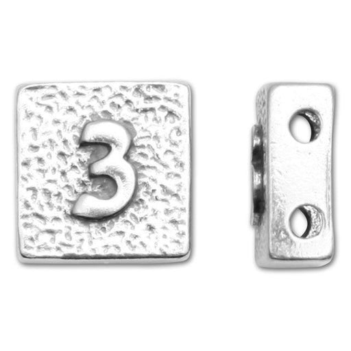 Alphabet Bead, Square with Two Holes Number '3', Sterling Silver (1 Piece)