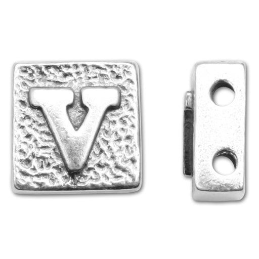 Alphabet Bead, Square with Two Holes Letter 'V', Sterling Silver (1 Piece)