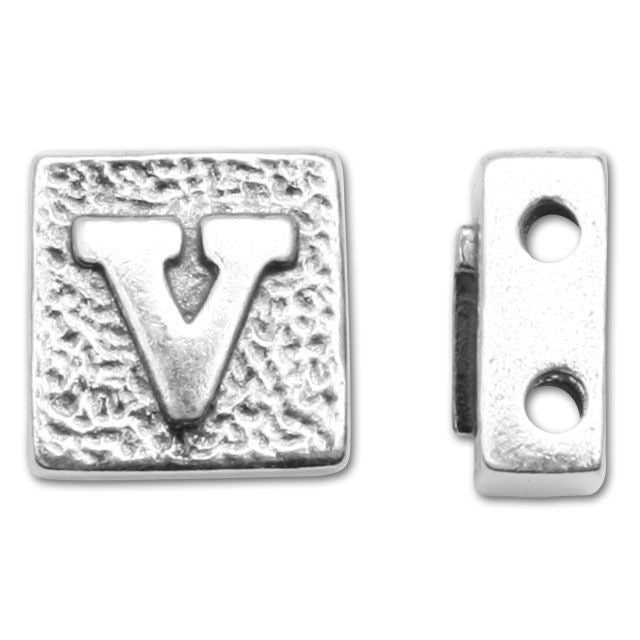 Alphabet Bead, Square with Two Holes Letter 'V', Sterling Silver (1 Piece)