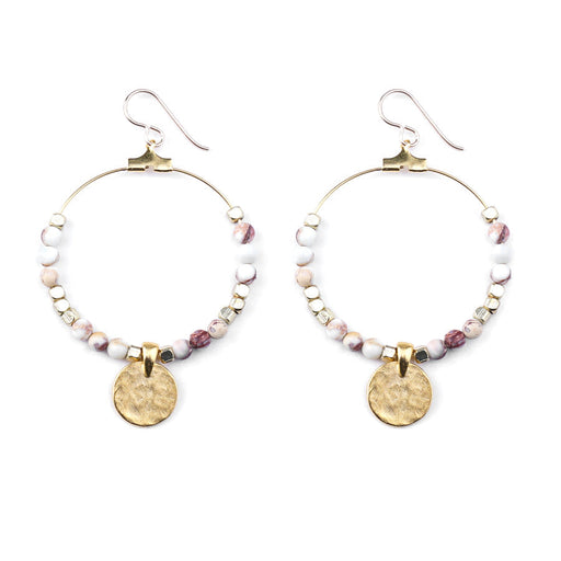 Gemstone & Coin Drop Earrings - Matte Natural White Impression Jasper/Gold