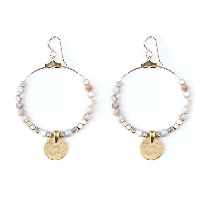 Gemstone & Coin Drop Earrings - Matte Natural White Impression Jasper/Gold