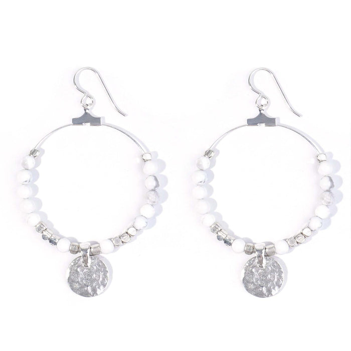 Gemstone & Coin Drop Earrings  - White Howlite / Silver