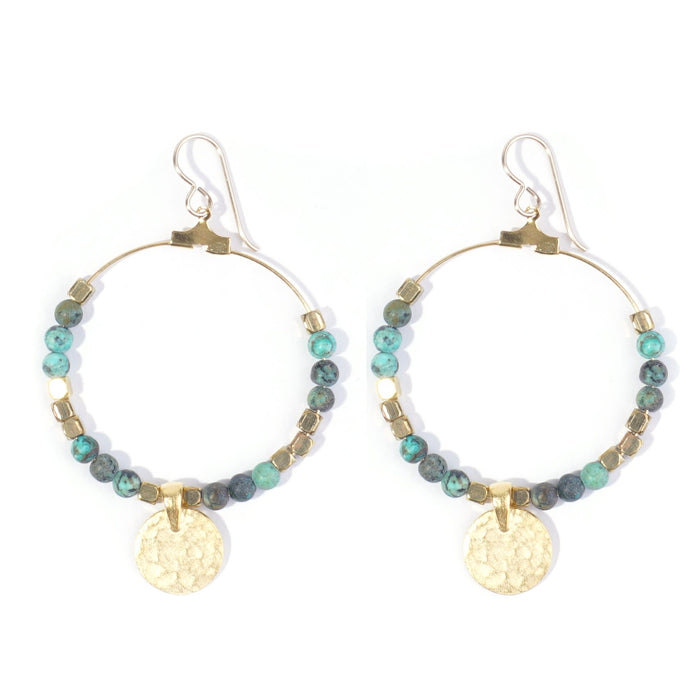 Gemstone & Coin Drop Earrings  - Matte African Turquoise / Gold