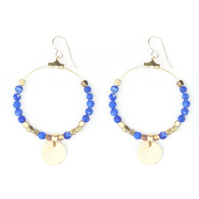 Gemstone & Coin Drop Earrings  - Matte Lapis / Gold