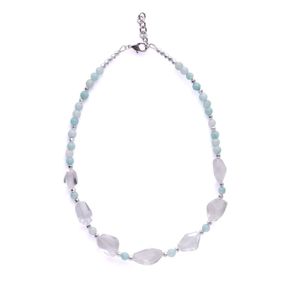 Limited Edition Crystal Quartz Nugget with Gemstones and Hematite Beads Necklace - Amazonite and Silver