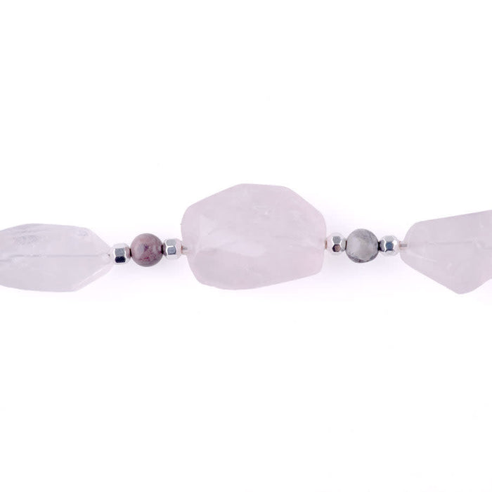 Limited Edition Rose Quartz Nugget with Gemstones and Hematite Beads Necklace - Porcelain Jasper and Silver