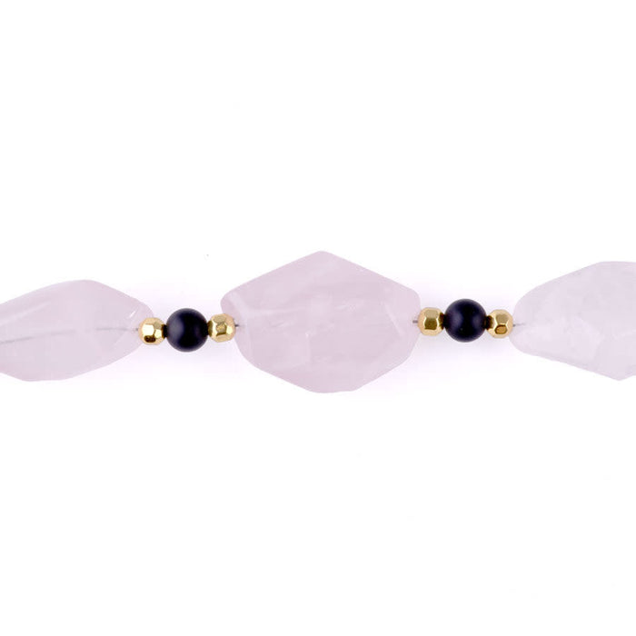 Limited Edition Rose Quartz Nugget with Gemstones and Hematite Beads Necklace -  Matte Onyx and Gold