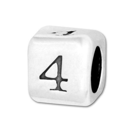 Number Bead, Large Hole Cube Number '4' 5.8mm, Sterling Silver (1 Piece)