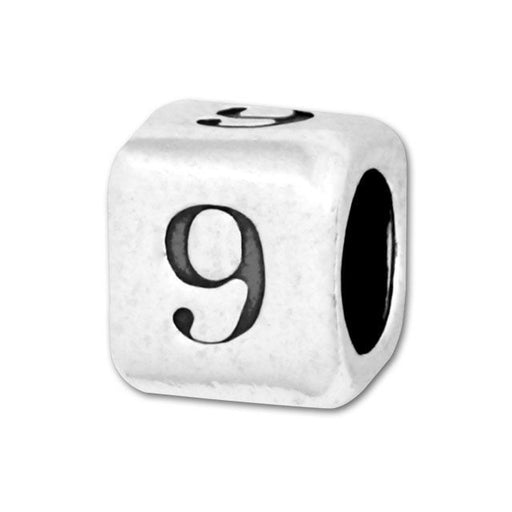 Number Bead, Large Hole Cube Number '9' 5.8mm, Sterling Silver (1 Piece)