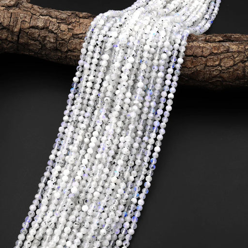 Natural Rainbow Moonstone 4mm Micro Faceted Round Bead Strand