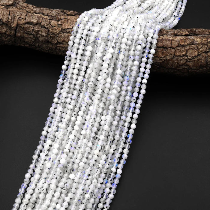 Natural Rainbow Moonstone 4mm Micro Faceted Round Bead Strand