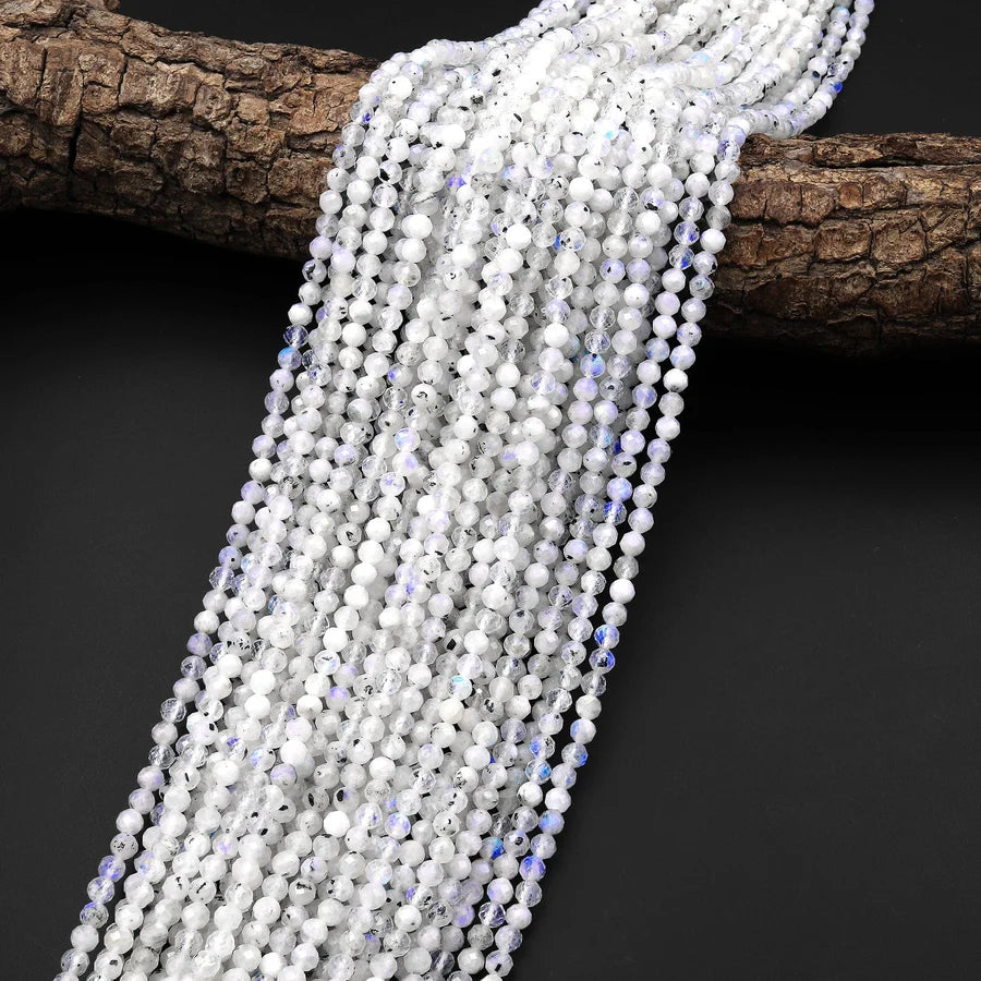 Natural Rainbow Moonstone 4mm Micro Faceted Round Bead Strand