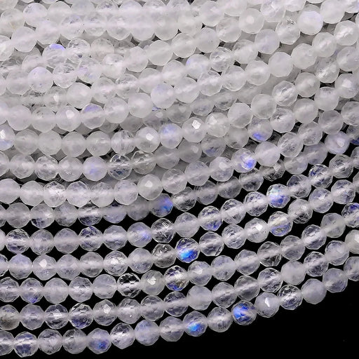 Natural Blue Rainbow Moonstone 2mm Faceted Round Bead Strand - AAA Grade