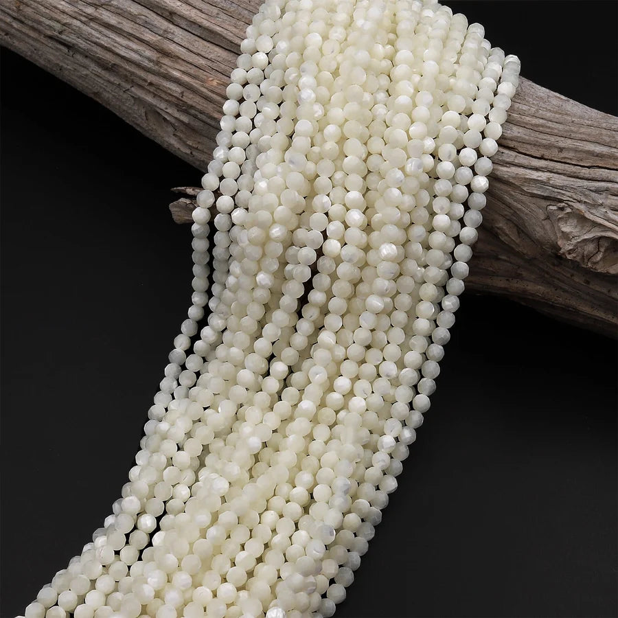 Natural Mother of Pearl 4mm Faceted Round Bead Strand - AAA Grade