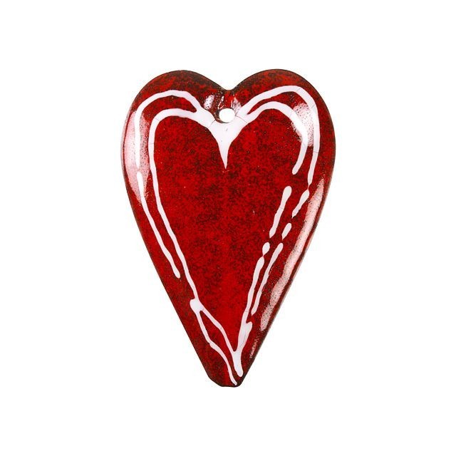 Pendant, Elongated Heart 38x25.5mm, Enameled Brass Red and White, by Gardanne Beads (1 Piece)