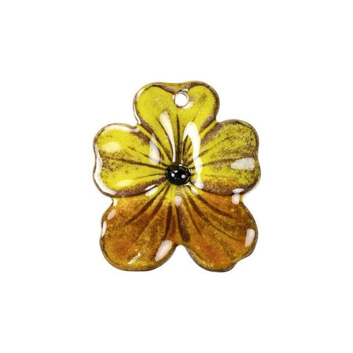 Pendant, Small Pansy Flower 29x25mm, Enameled Brass Yellow/Autumn Orange, by Gardanne Beads (1 Piece)