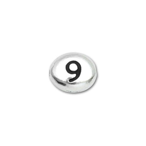 Alphabet Bead, Oval Puff Number '9' 7x6mm, by TierraCast, Rhodium Plated (1 Piece)