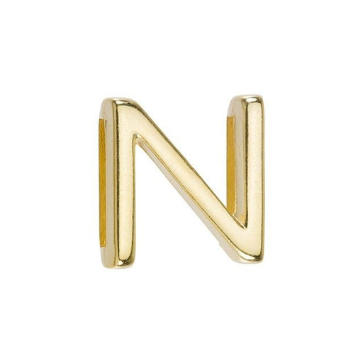 Regaliz Alphabet Slider Bead, for 10mm Flat Leather Cord Letter 'N', Gold Plated (1 Piece)