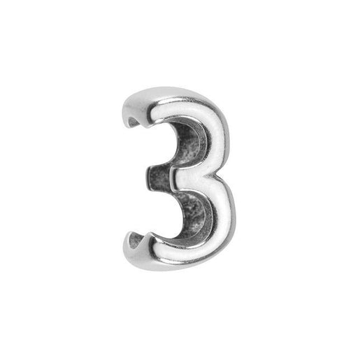 Regaliz Number Slider Bead, for Oval Leather Cord '3', Silver Plated (1 Piece)