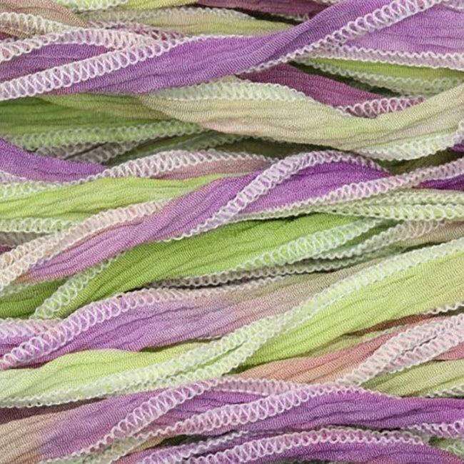 Hand-Dyed Silk Ribbon, 20mm Wide, Lavender Purple/Lime Green Blend (32-36 Inch Strand)