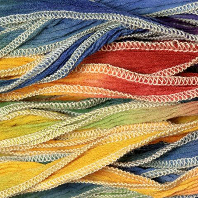 Hand-Dyed Silk Ribbon, 20mm Wide, Multi-Color Rainbow Blend (32-36 Inch Strand)