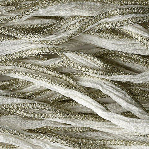 Hand-Dyed Silk Ribbon, 20mm Wide, White with Metallic Gold Edges (32-36 Inch Strand)
