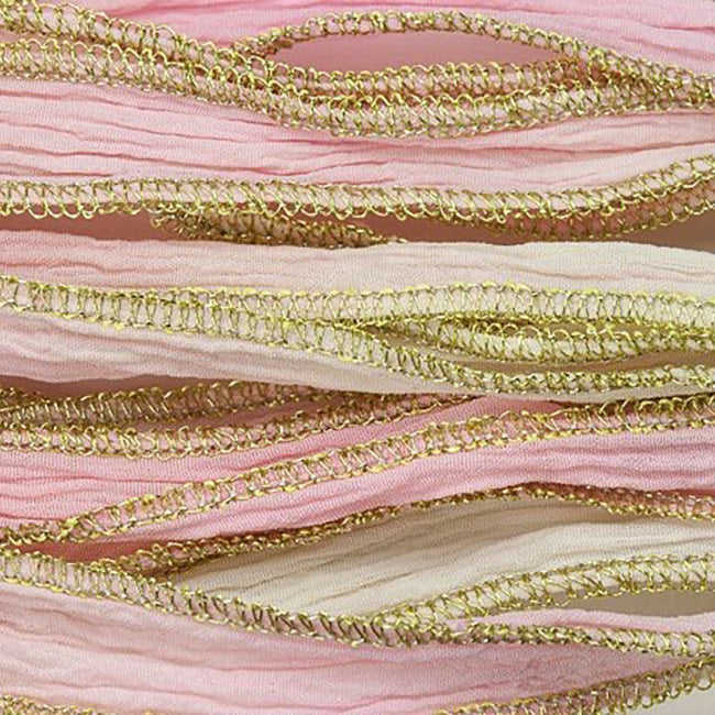 Hand-Dyed Silk Ribbon, 20mm Wide, Pink/Cream Blend with Metallic Gold Edges (32-36 Inch Strand)