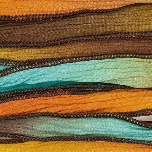 Hand-Dyed Silk Ribbon, 20mm Wide, Tequila Sunrise Orange/Turquoise/Brown Blend (32-36 Inch Strand)