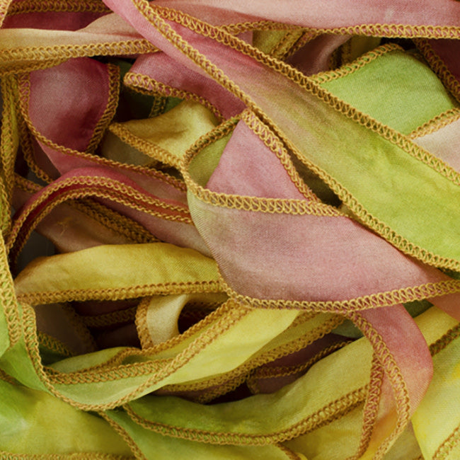 Hand-Dyed Habotai Silk Ribbon, 20mm Wide, Rose Pink/Yellow Blend (32-36 Inch Strand)