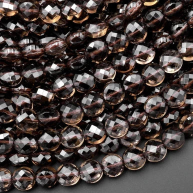 Natural Smoky Quartz 8mm Faceted Coin Bead Strand