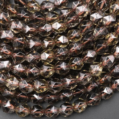 Natural Smoky Quartz 8mm Star Cut Rounded Bead Strand - AAA Grade