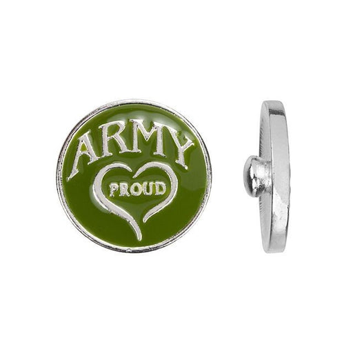 Snap 2 It Charm, Disc  with Message"Army Proud" 19mm, Silver Plated (1 Piece)