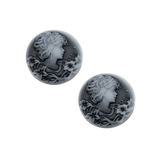 Vintage Style Round Lucite Cameo - Black With Gray Woman And Flowers 32mm (2 pcs)
