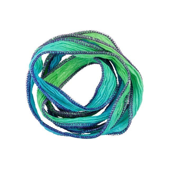 Hand-Dyed Silk Ribbon, 20mm Wide, Lime Green/Blue Blend (32-36 Inch Strand)