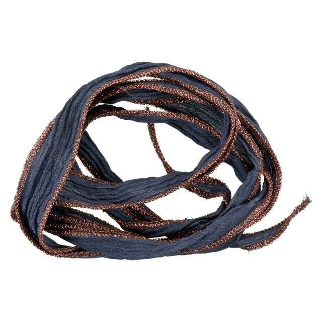 Hand-Dyed Silk Ribbon, 20mm Wide, Grey Blue with Copper Edges (32-36 Inch Strand)