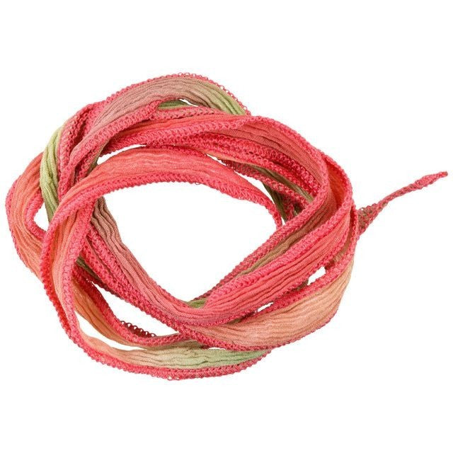 Hand-Dyed Silk Ribbon, 20mm Wide, Coral Pink/Green Blend (32-36 Inch Strand)