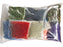 Assorted colored beads in a clear plastic bag on a white background