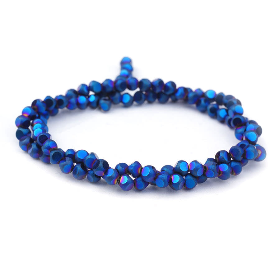 4mm Metallic Blue Matte Round 6 Dot Glass Beads